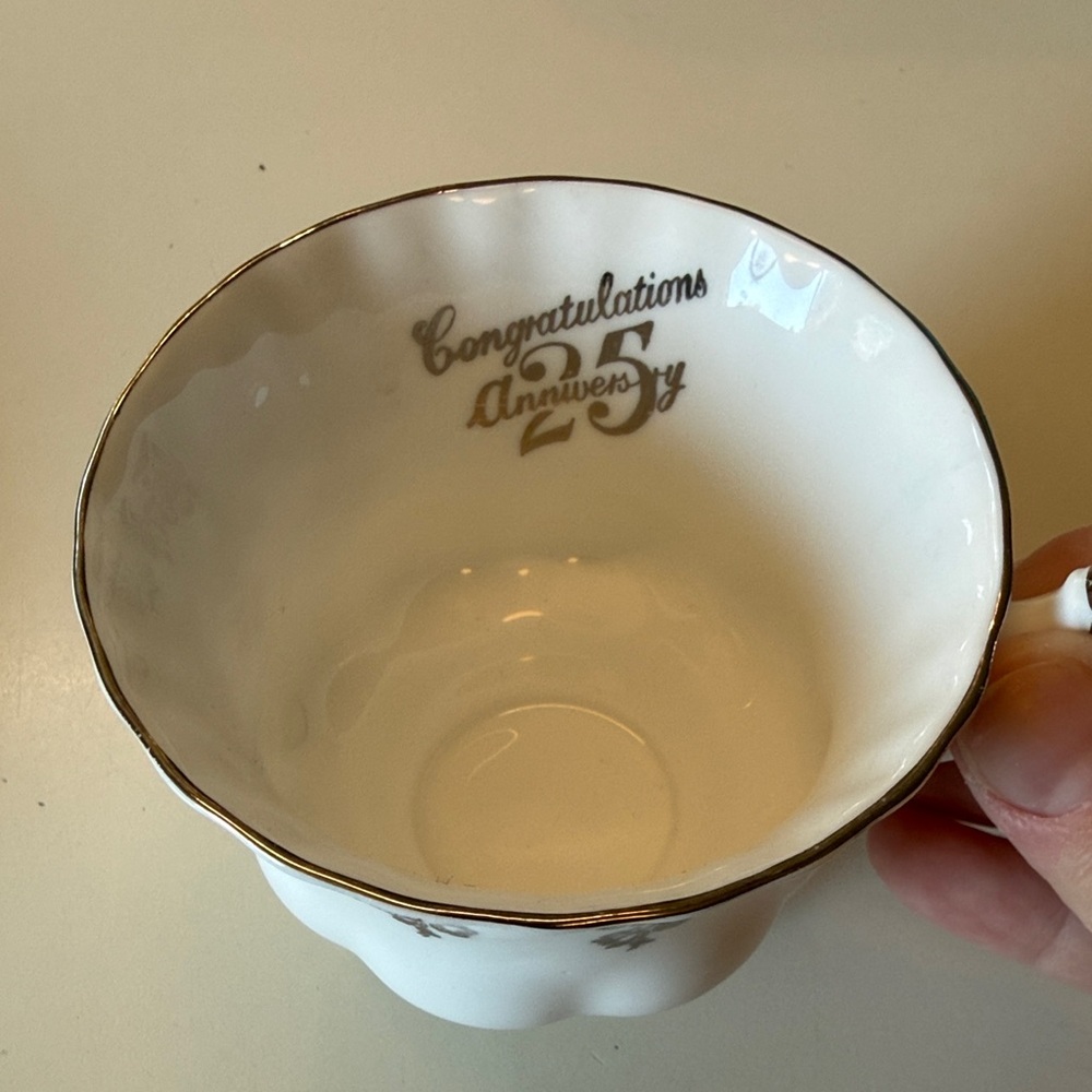 25th Anniversary Porcelain Teacup - White with Gold Trim